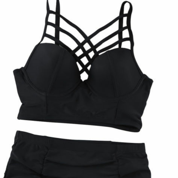 Women's Black Strappy High Waist 2 Piece Bathing Suit Size XL - Picture 4 of 6